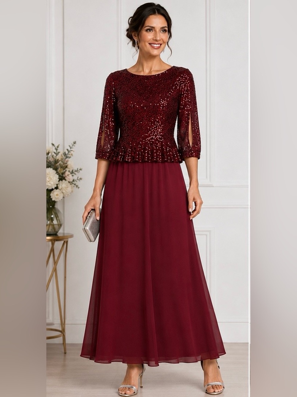 Grace Karin Burgundy Sequin Mother of Bride Formal Maxi Dress NWT
